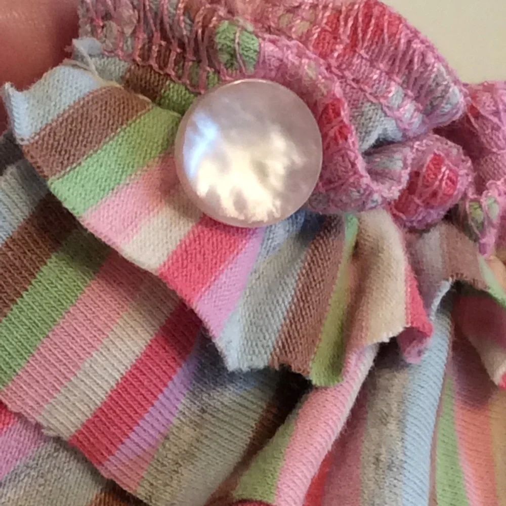 Handmade ruffle fabric necklace multicolored striped & vintage pearlized buttons
